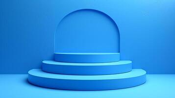 ai generato 3d rendere di un' blu podio con un' circolare finestra foto