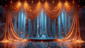 ai generato Teatro palcoscenico con blu le tende e luci foto