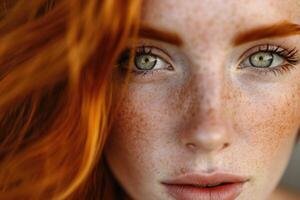 ai generato intenso sguardo di donna con rosso capelli e lentiggini foto