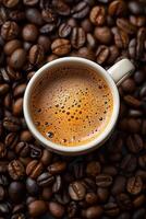 ai generato superiore Visualizza di appena fermentato caffè nel un' ceramica tazza, circondato di totale fagioli, raffigurante un' mattina caffeina fix foto