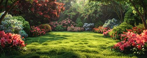 ai generato un' bellissimo Giardino dietro la casa con fiori e arbusti foto