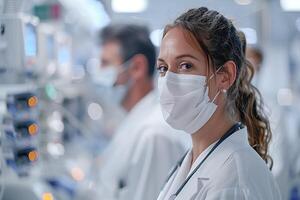 ai generato dedito assistenza sanitaria lavoratore nel medico maschera in piedi nel ospedale reparto foto