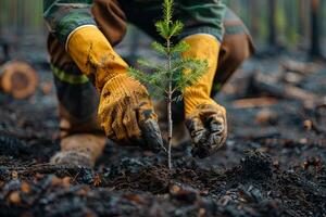 ai generato avvicinamento di mani nel giallo guanti piantare un' piccolo albero nel il suolo di un' recentemente bruciato foresta la zona foto