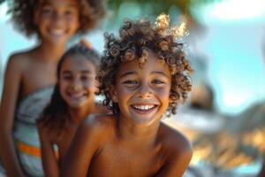 ai generato contento bambini con luminosa sorrisi godendo ricreazione all'aperto, radiante gioia e giovanile energia. foto