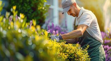 ai generato un' giardino uomo pulizia cespugli foto