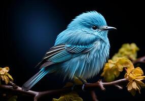 ai generato piccolo blu uccello isolato su nero sfondo. animali selvatici. foto