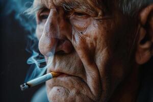 ai generato vecchio uomo fumo tabacco, espira sigaretta Fumo foto