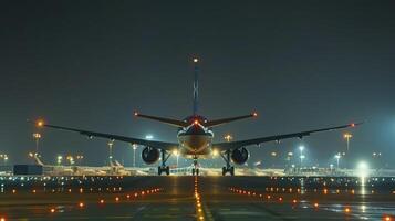 ai generato il aereo è atterraggio a il aeroporto a notte foto