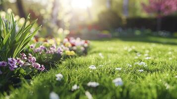 ai generato un' fresco giardino Visualizza a il primavera o estate tempo foto