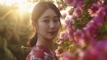 ai generato un' bellissimo Cinese donna è in piedi nel un' fiore giardino guardare a il telecamera foto