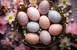 ai generato un' cestino di colorato Pasqua uova con fiore bulbi e giunchiglie foto