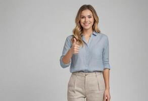 ai generato un' giovane adulto donna con bionda capelli sorrisi e dà un' pollici su. lei è vestito nel un' leggero blu camicia e beige pantaloni. foto