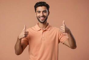 ai generato un' giovane uomo nel un' polo camicia con un' luminosa Sorridi dando Due pollici su, significare Doppio il positività. foto