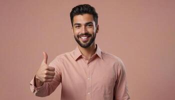 ai generato un' uomo con un' barba e un' salmone camicia Spettacoli un' pollici su, il suo fiducioso Sorridi impostato contro un' due toni sfondo. foto