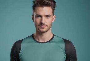 ai generato un' uomo con styled capelli nel un' due toni gli sport camicia guardare focalizzata e moderno. foto