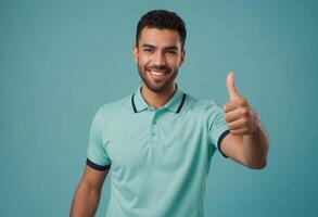 ai generato un' sorridente uomo nel un' alzavola polo camicia dà un' pollici su. il suo pulito aspetto e amichevole comportamento suggerire un' rilassato ancora elegante atteggiamento. foto