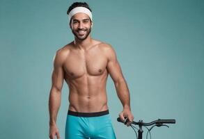 ai generato un atletico uomo nel abbigliamento sportivo Tenere un' bicicletta, impostato contro un' blu sfondo. il suo fitness e attivo stile di vita siamo evidenziato. foto