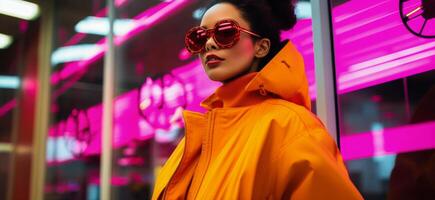ai generato alla moda donna nel neon urbano ambientazione foto