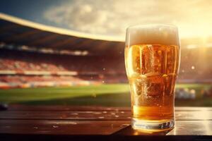 ai generato un' birra bicchiere seduta su un' di legno tavolo Il prossimo per un' calcio stadio foto