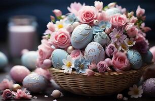 ai generato un' cestino pieno di colorato Pasqua uova e fiori foto