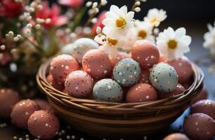 ai generato un' cestino pieno con colorato Pasqua uova, circondato di fiore bulbi e giunchiglie foto