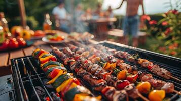 ai generato un' festivo scena di amici o famiglia godendo un' barbecue festa all'aperto foto