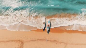 ai generato un' fuco Visualizza di il spiaggia imbarco tavole da surf foto
