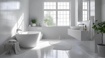 ai generato un' minimalista bagno con un' pulito bianca colore schema, con un' semplice vanità foto