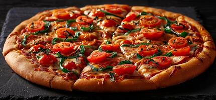 ai generato un' Pizza con pomodori, peperoni, salsa e un' fetta mancante foto