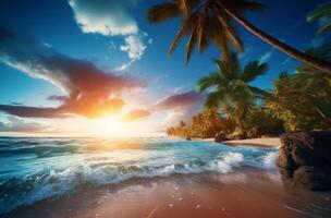 ai generato un' bellissimo spiaggia con palma alberi e il oceano acqua nel il sfondo foto