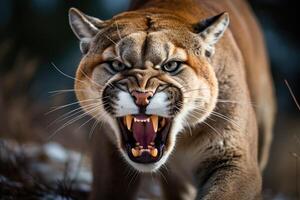 ai generato ruggente Puma o montagna Leone cacce suo preda foto