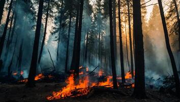 ai generato foresta fuoco, alberi nel Fumo, fiamma foto