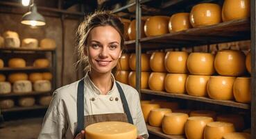 ai generato sorridente donna formaggio creatore foto