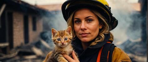 ai generato ritratto di un' femmina pompiere Tenere un' salvato gattino nel sua braccia foto