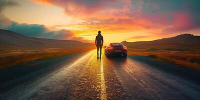 ai generato uomo e gli sport auto su un' panoramico strada a tramonto foto
