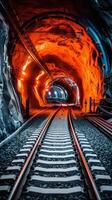 ai generato illuminato ferrovia tunnel con vivace arancia luci foto