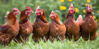 ai generato gruppo di galline su un' verde campo guardare curiosamente foto