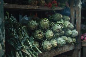 ai generato pila di carciofi su un' mercato stalla foto