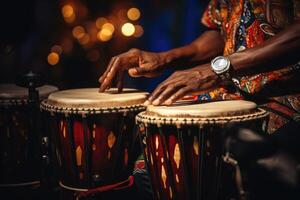 ai generato vicino su di musicista mano giocando bongo batteria. foto