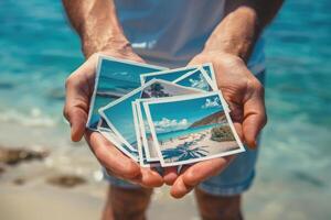 ai generato maschio mani Tenere stampato vacanza fotografie. ricordi di un' vacanza di il mare. foto