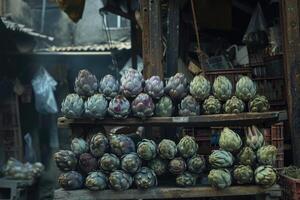 ai generato pila di carciofi su un' mercato stalla foto