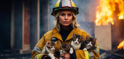 ai generato ritratto di un' femmina pompiere Tenere un' salvato gattino nel sua braccia foto