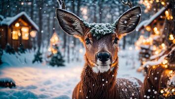 ai generato carino cervo inverno Casa foto