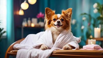 ai generato bellissimo cane nel un' accappatoio nel un' terme salone riposo foto