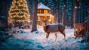 ai generato carino cervo inverno Casa foto