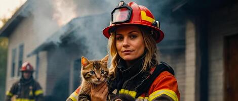ai generato ritratto di un' femmina pompiere Tenere un' salvato gattino nel sua braccia foto