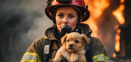 ai generato ritratto di un' femmina pompiere Tenere un' salvato cucciolo nel sua braccia foto