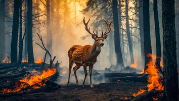 ai generato cervo foresta fuoco, alberi nel Fumo, fiamme foto