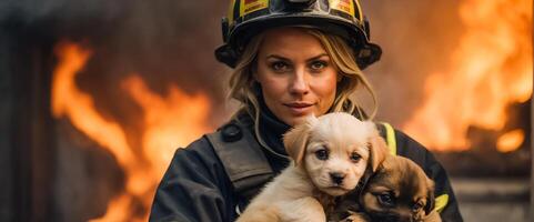 ai generato ritratto di un' femmina pompiere Tenere un' salvato cucciolo nel sua braccia foto
