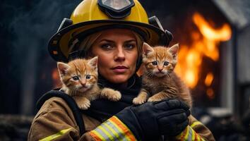 ai generato ritratto di un' femmina pompiere Tenere un' salvato gattino nel sua braccia foto